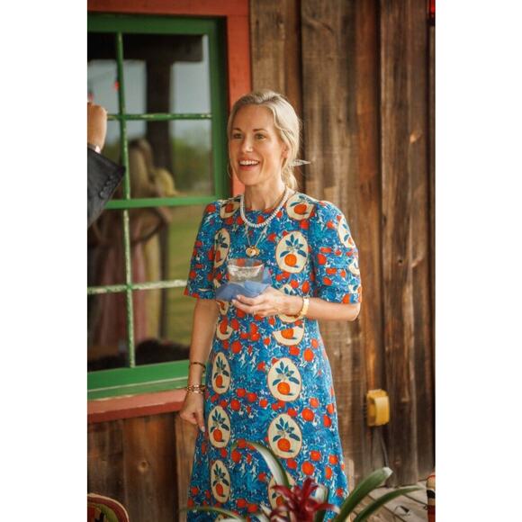 Hunter Bell Casey Dress in Orange Grove blue linen blend midi sheath Size 0 - Picture 4 of 16